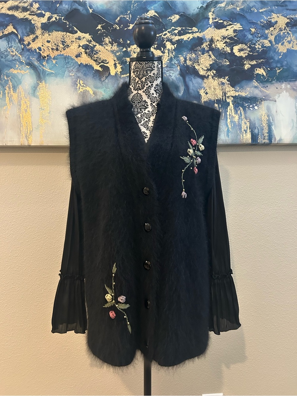 Angora Embroidered Black Vest